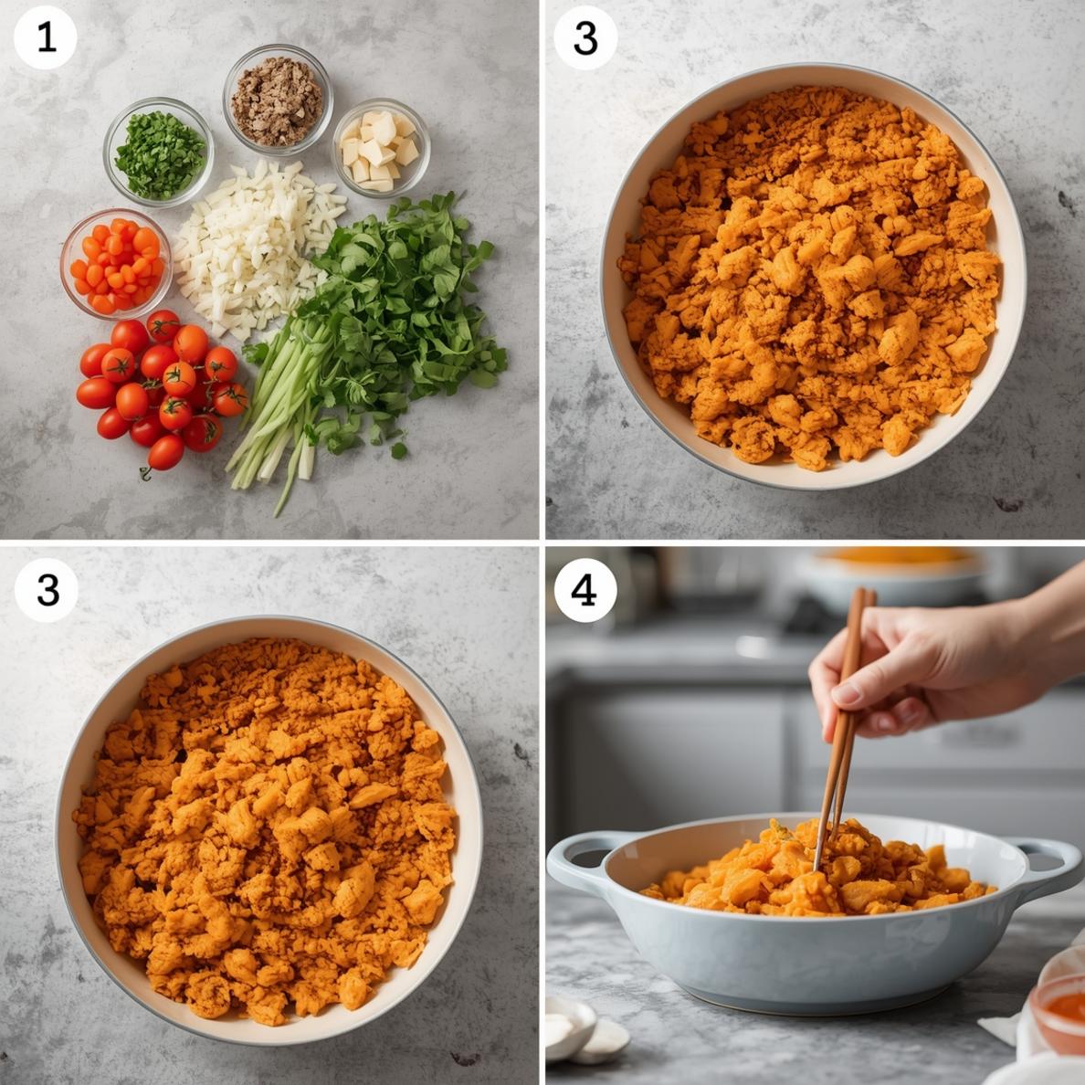 spicy chicken fried rice recipe ingredients flat lay