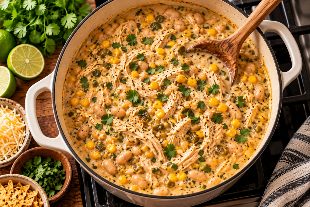 white chicken chili simmering in a Dutch oven with shredded chicken, white beans and corn
