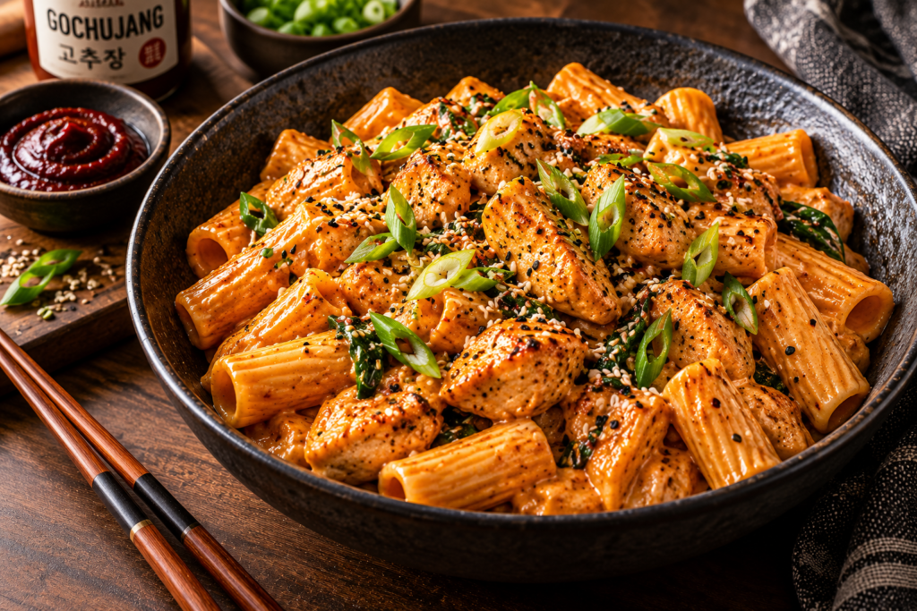 creamy gochujang chicken pasta with rigatoni, green onions and sesame seeds