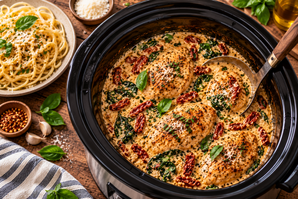 creamy Tuscan chicken with spinach and sun-dried tomatoes, one of the best slow cooker chicken recipes