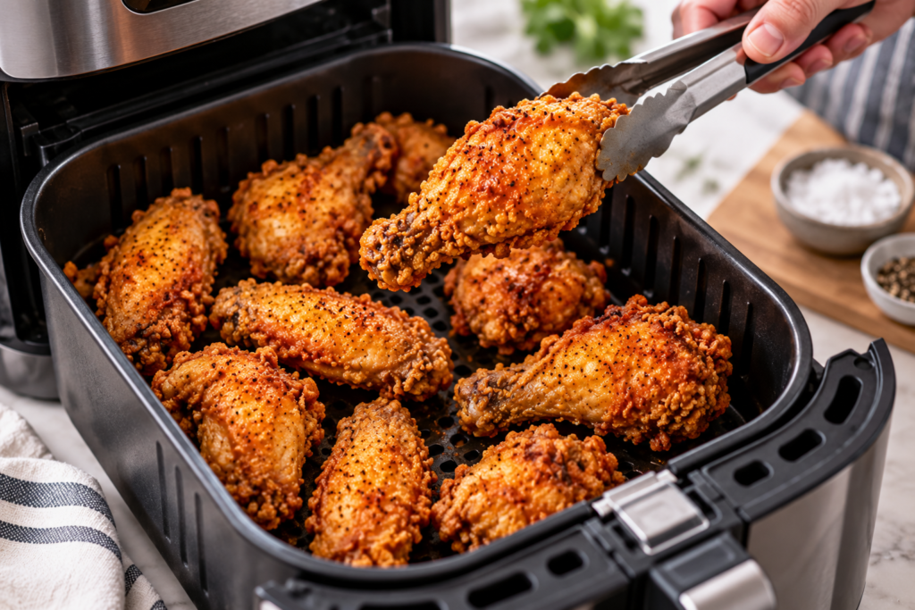 crispy fried chicken reheated in an air fryer basket