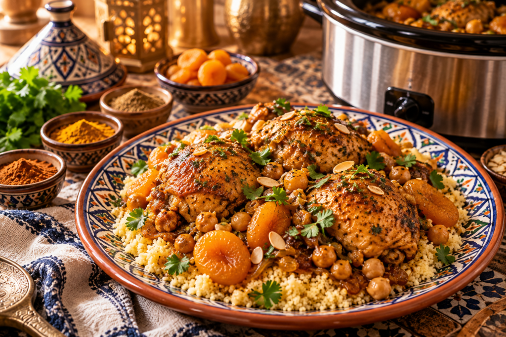 slow cooker Moroccan chicken with chickpeas and apricots served over couscous