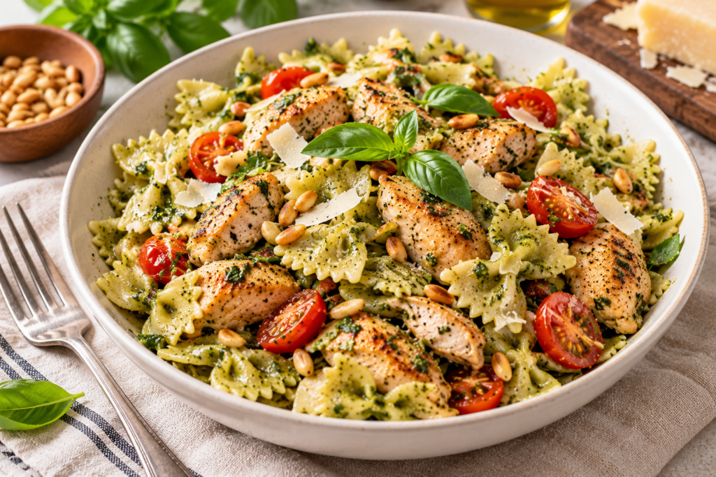 chicken pesto pasta with cherry tomatoes and Parmesan, an easy chicken pasta recipe