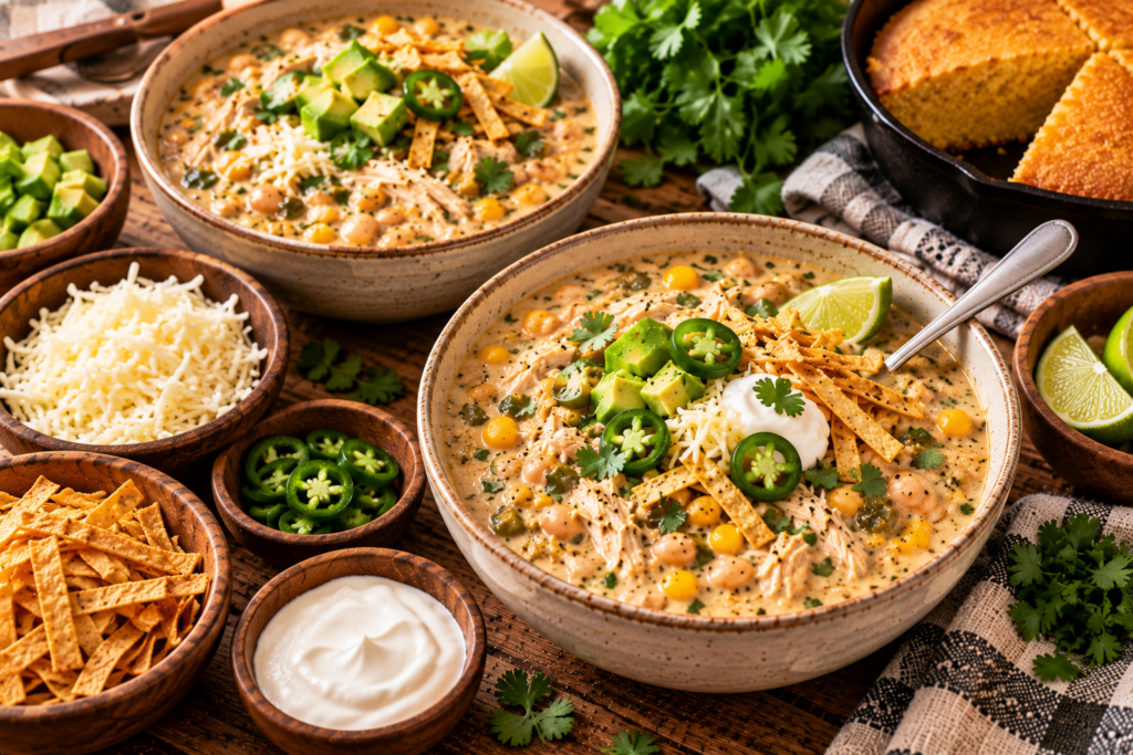 bowls of white chicken chili with avocado, cheese, tortilla strips and lime toppings