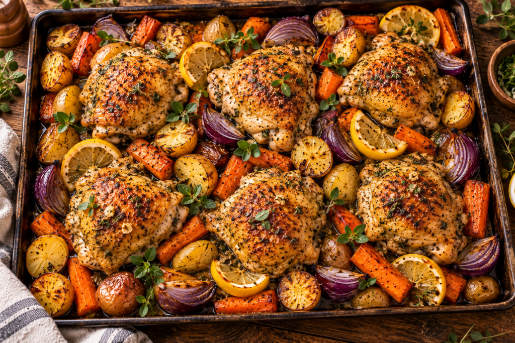 sheet pan lemon herb chicken with roasted potatoes and carrots, an easy chicken dinner idea