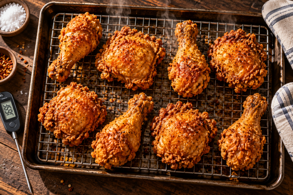 reheated fried chicken drumsticks and thighs on a wire rack over a baking sheet
